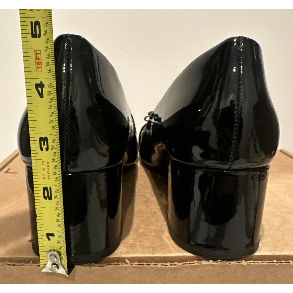 Tory Burch Size 9M Trudy Block Heel Pumps Gold Logo Bow Black Patent Leather